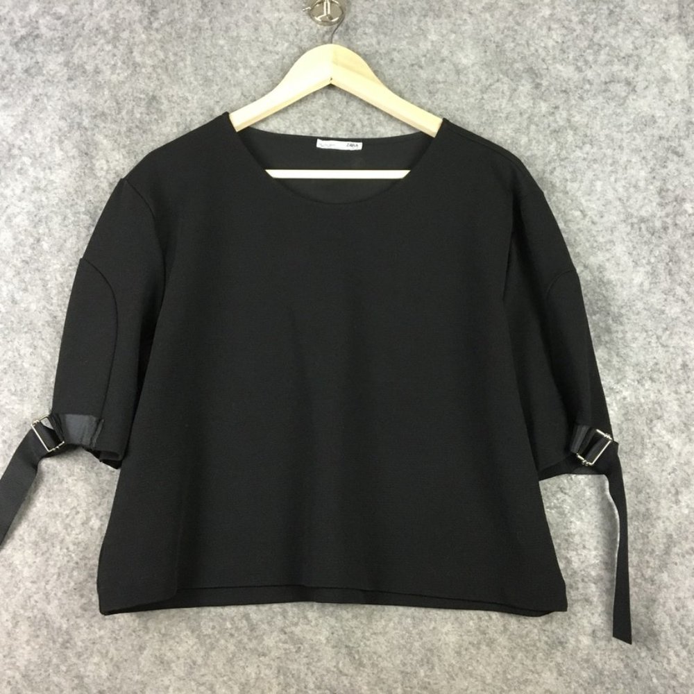 Zara Top L Blouse Crop Crepe Buckle Tie Sleeves Short Sleeve Round Neck Black